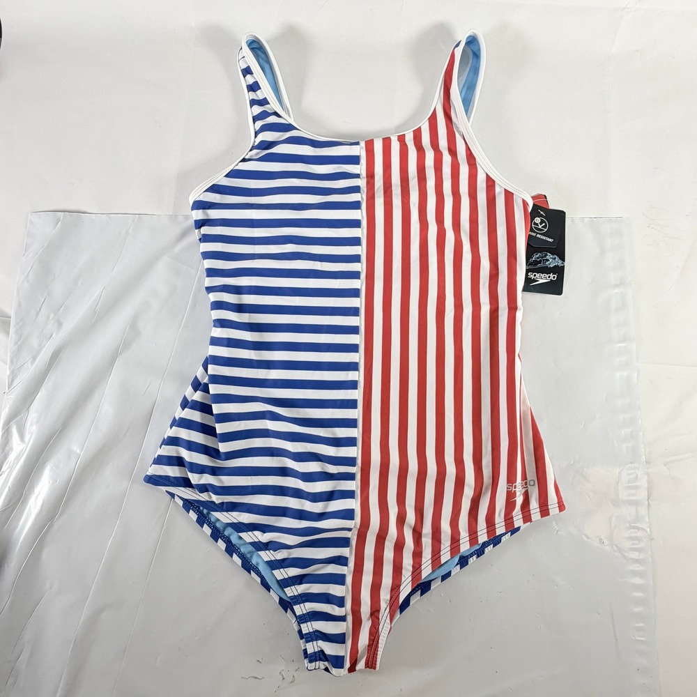 Speedo Girls One Piece Patriotic Stripe Blocked Swimsuit‎ True Cobalt Size 16